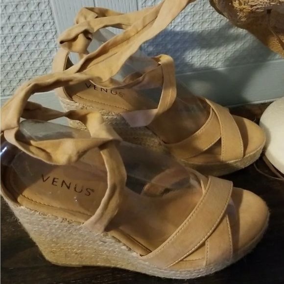 Venus Gladiator Wrap Espadrille Wedge Sandals Natural Faux Suede Women's Sz. 10M - Picture 13 of 13